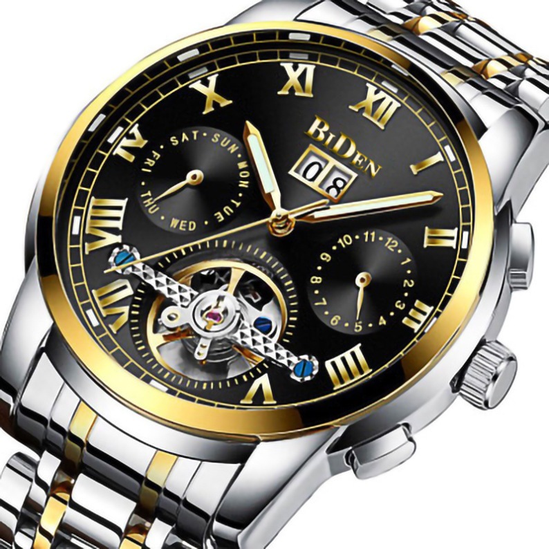 BIDEN reloj mecánico automático multifuncional para hombres hueco transparente volante cinturón de acero reloj de regalo 0190