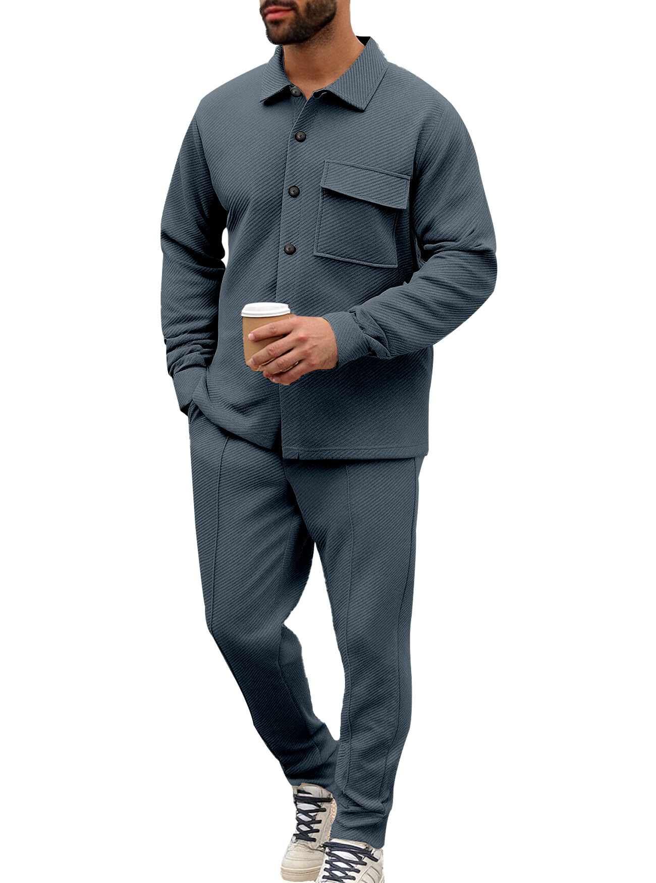 Europa y los Estados Unidos transfronterizos Amazon otoño y invierno casual hombre con solapa camisa de manga larga cardigan de botón único chaqueta de color sólido set