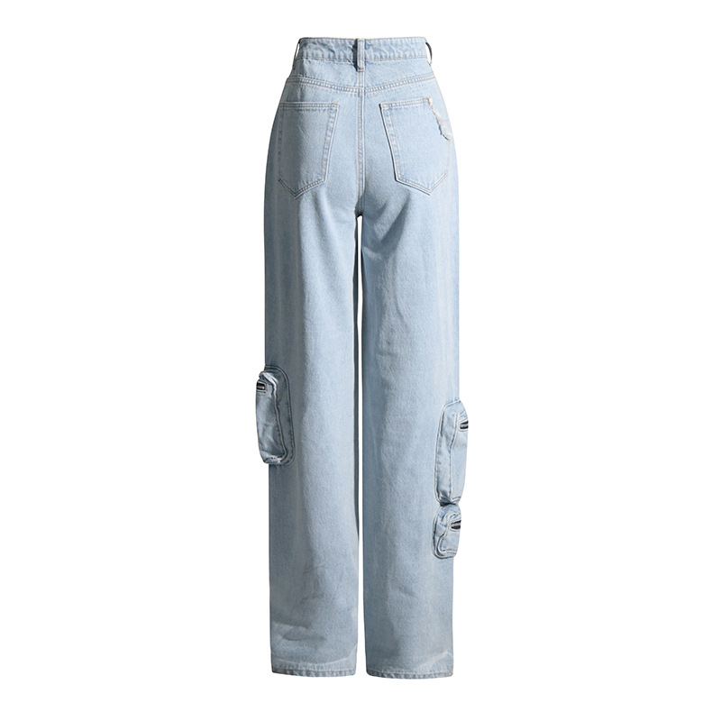 Vaqueros cargo de cintura alta con lavado azul claro vintage para mujer, otoño 2025, nueva moda, pantalones con cremallera y bolsillos grandes