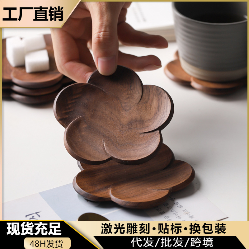 Posavasos de madera maciza de nogal negro, superventas transfronterizos, creativos, redondos, con forma de flor, aislantes del calor, para tazas de té, bandejas de té estilo japonés