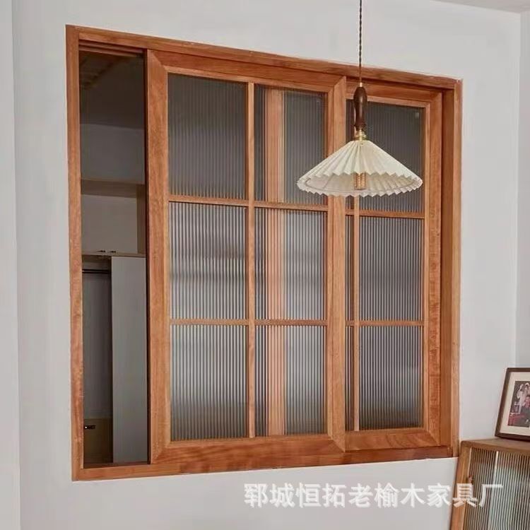 Old elm wood indoor sliding window left and right folding wooden window solid wood push log window glass