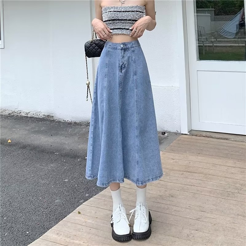 High-Waisted Denim Long Skirt for Women, Pleated Skirt, Slimming Look 2023 Spring New Style, Small A-Line Skirt, Drapedy Umbrella Skirt