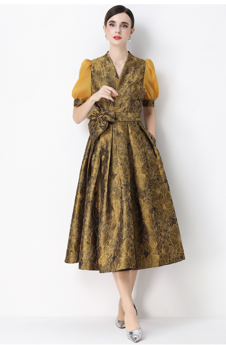 Đầm maxi nữ thắt eo V cổ tay ngắn họa tiết jacquard thanh lịch — màu đen, xanh lam, Màu hồng, màu trắng chi tiết 26