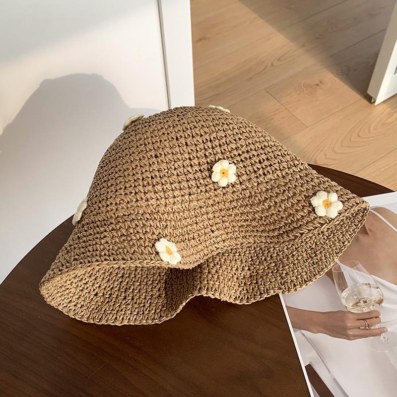 Sombrero de paja de flor de mujer verano transpirable a prueba de sol sombrero de cubo a prueba de sol estilo japonés sombrero de hierba de aspecto facial fresco