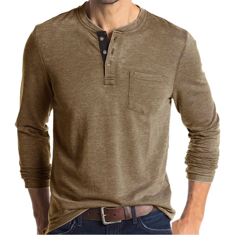 Camiseta de cuello redondo de manga larga para hombres europeos y americanos Amazon Camisa de fondo para hombres Camiseta de hombre de comercio exterior Top de cuello Henry