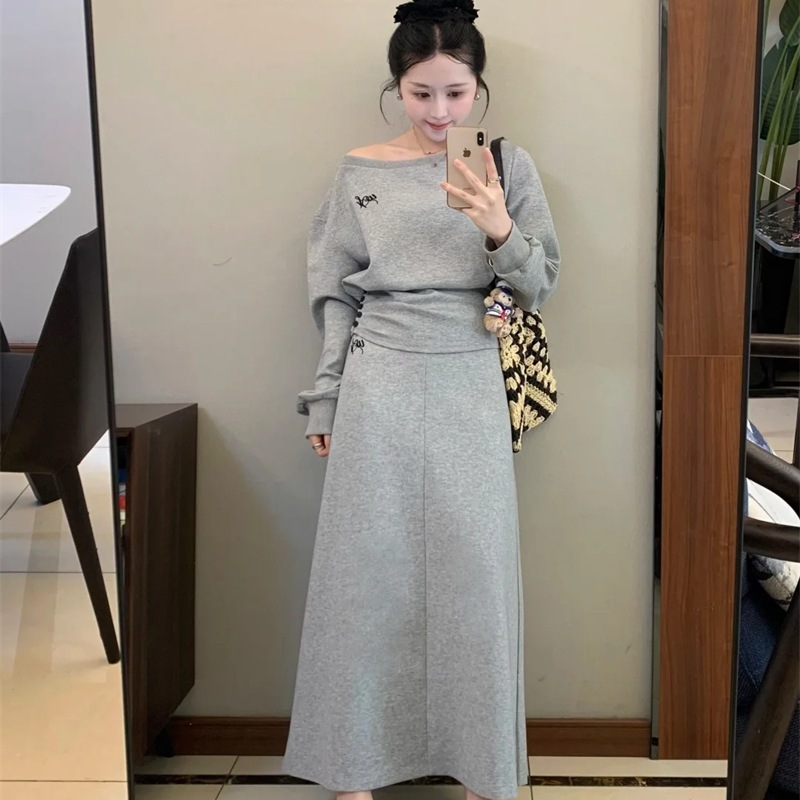 欧美跨境亚马逊韩系运动休闲套装女斜领露肩上衣高腰半身裙两件套|undefined