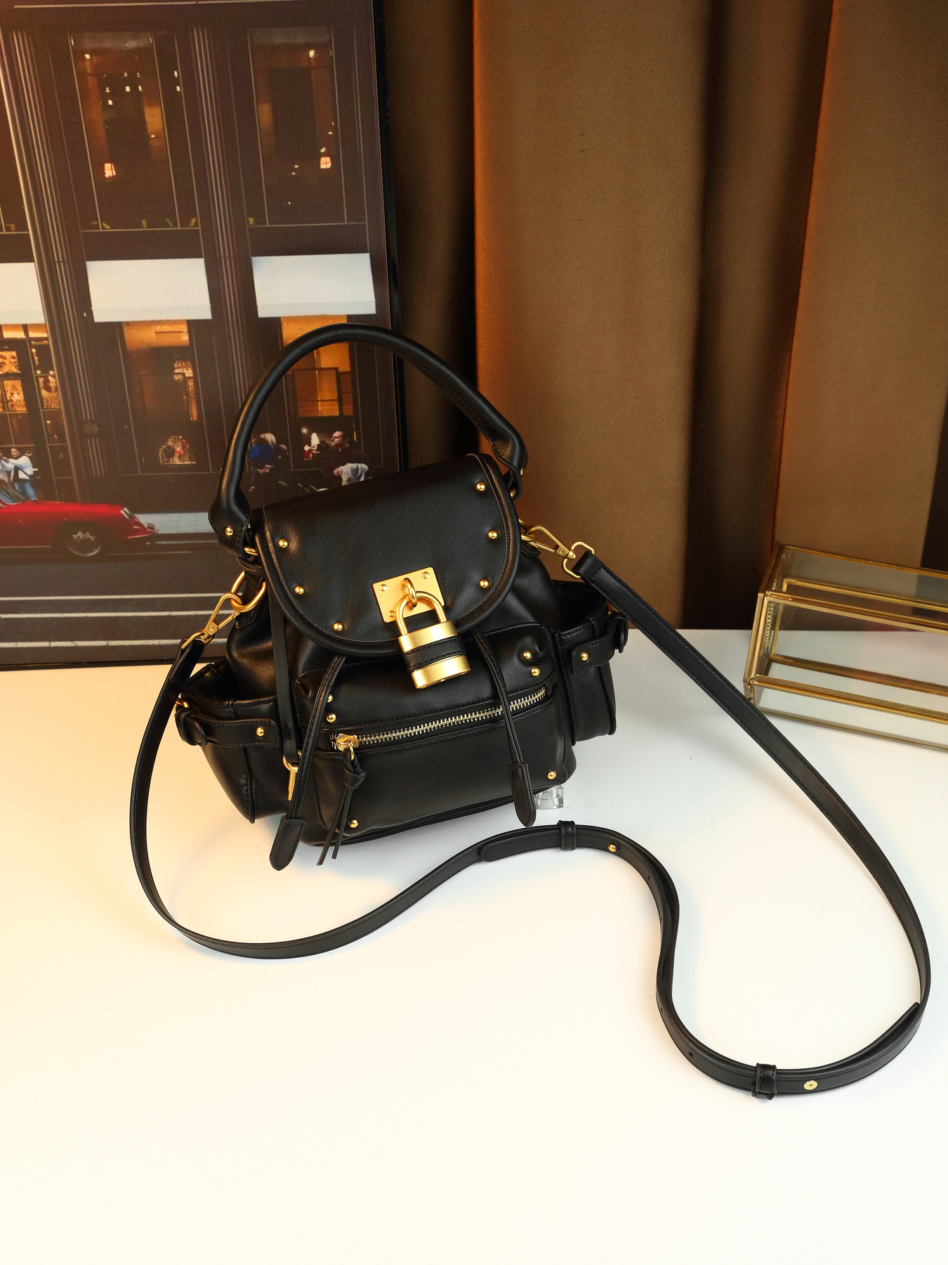 Borsa a mano retrò con lucchetto borchiato, media, multifunzionale, da donna, a tracolla, zaino da pendolare, in pelle PU con cerniera_voghion.com