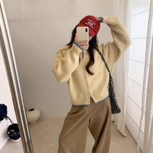 韩版休闲宽松撞色双拉链针织开衫女秋冬装减龄小个子显瘦毛衣外套