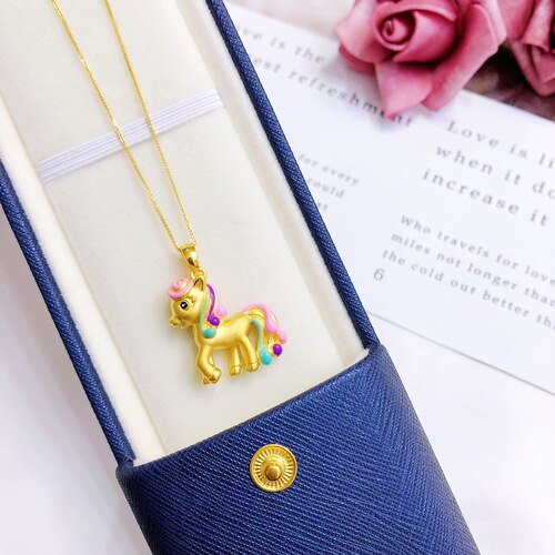 Gold-plated brass cartoon cute rainbow pony pendant necklace accessory with enamel colorful small horse design