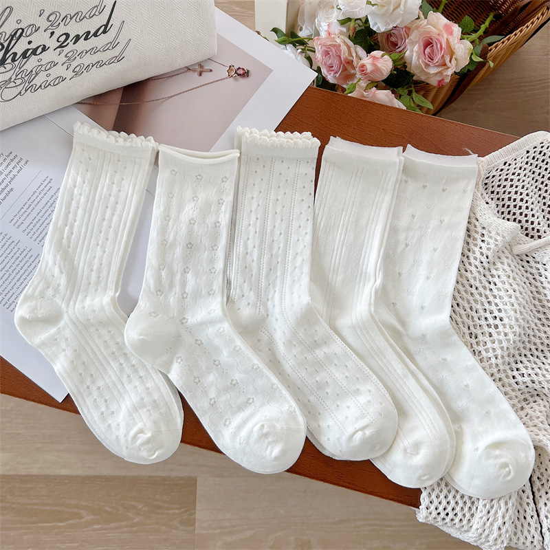 White Ballet Style Hollow Socks for Women, Mid-Calf Socks, Trendy Summer Thin Slouch Socks, Japanese Cute Jk Long Socks