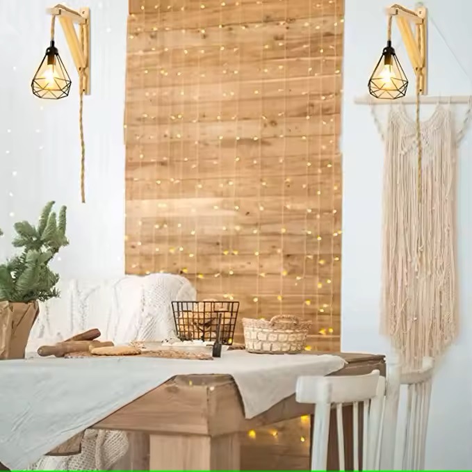 Casa de granja 2 conjuntos de lámparas de lámpara enchufables soporte de pared de madera y cable de lámpara colgante de madera triángulo torta de soporte de lámpara de pared cable de trenzado