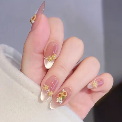 【Sunflower Blooms】New Chinese-Style Nude Color Handmade Wearable Nails with a Luxurious Vibe, Gold Zircon, and Elegant Long Design 【Sunflower Blooms】New Chinese-Style Nude Color Handmade Wearable Nails with a Luxurious Vibe, Gold Zircon, and Elegant Long Design