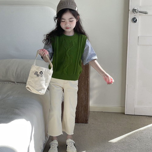 Yuyu Princess Children's Spring New Japanese Elastic Casual Pants for Girls, Off-White Straight Leg Pants, Nine-Foot Jeans