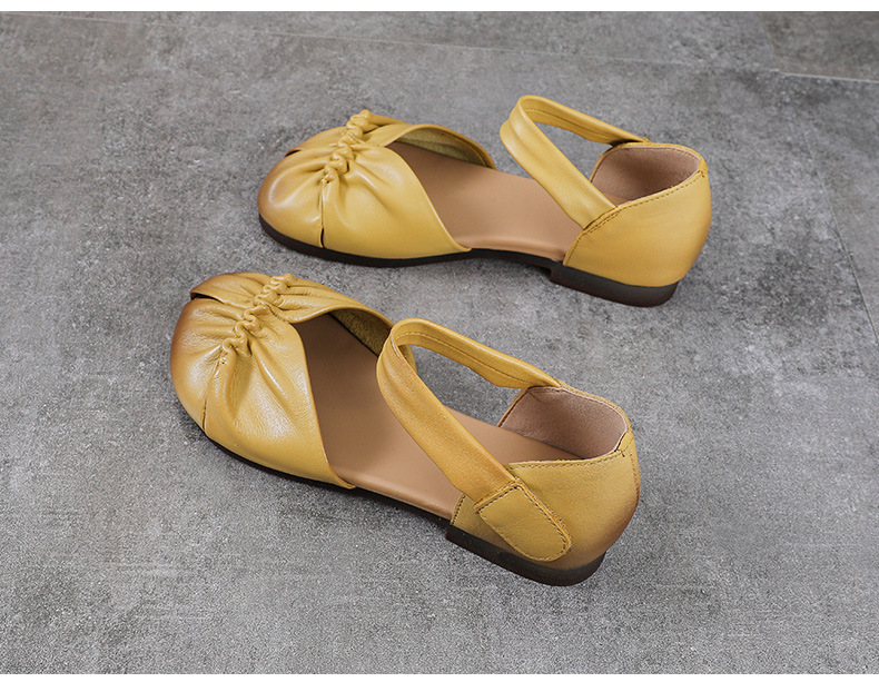 Sandal nữ da bò thật phong cách cổ điển, đế bệt thủ công, mũi nhăn — màu be chi tiết 11