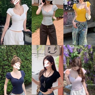 Hot Girl Pure Lust Style Button Peach Heart Collar Pure Color Right Shoulder Short-Sleeved T-Shirt Women's Figure-Showing Niche Slimming Look Top