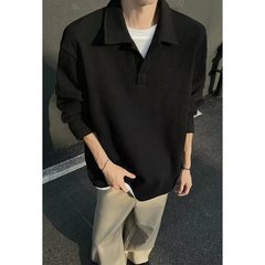 ins美式cleanfit纯色长袖polo衫假两件翻领t恤男痞帅卫衣华夫格衫