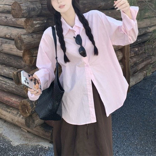 韩系新款设计感粉色翻领单排扣长袖衬衫女装秋季半身裙长裙两件套|undefined