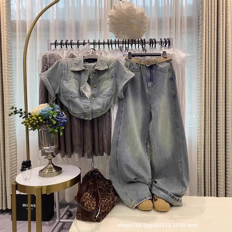 High-End Denim Suit for Women 2025 Summer Short Shirt High-Waisted Loose Straight Wide-Leg Pants Casual Two-Piece Set High-End Denim Suit for Women 2025 Summer Short Shirt High-Waisted Loose Straight Wide-Leg Pants Casual Two-Piece Set