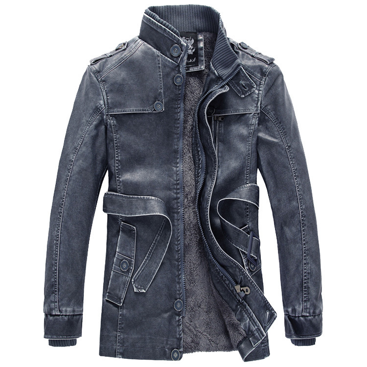 Comercio exterior 2022 otoño y invierno nuevo hombre medio largo casual chaqueta de cuero pu cuello cinturón delgado chaqueta joven