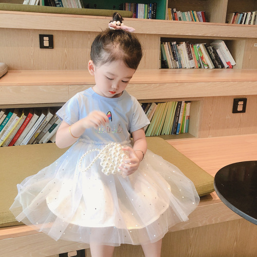 Girls' Summer Dress 2024 New Arrival Baby Cotton Princess Dress Children's Short Sleeve Dress Pom Pom Net Dress Trendy