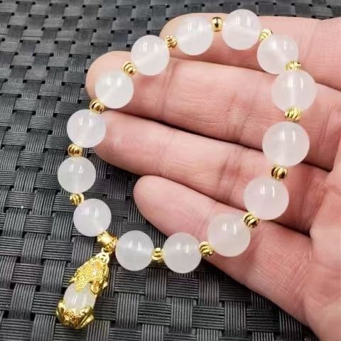新中式冰种绿玛瑙手串玉髓圆珠子手串单圈貔貅小吊坠旺夫开运女手|undefined