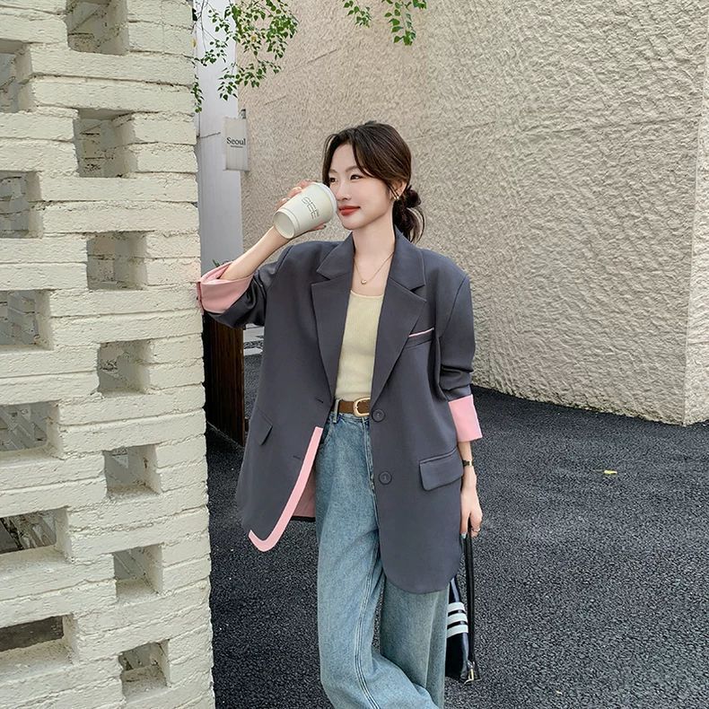 灰色时尚拼接撞色西装外套女春秋2025新款休闲宽松气质高级感西服|undefined