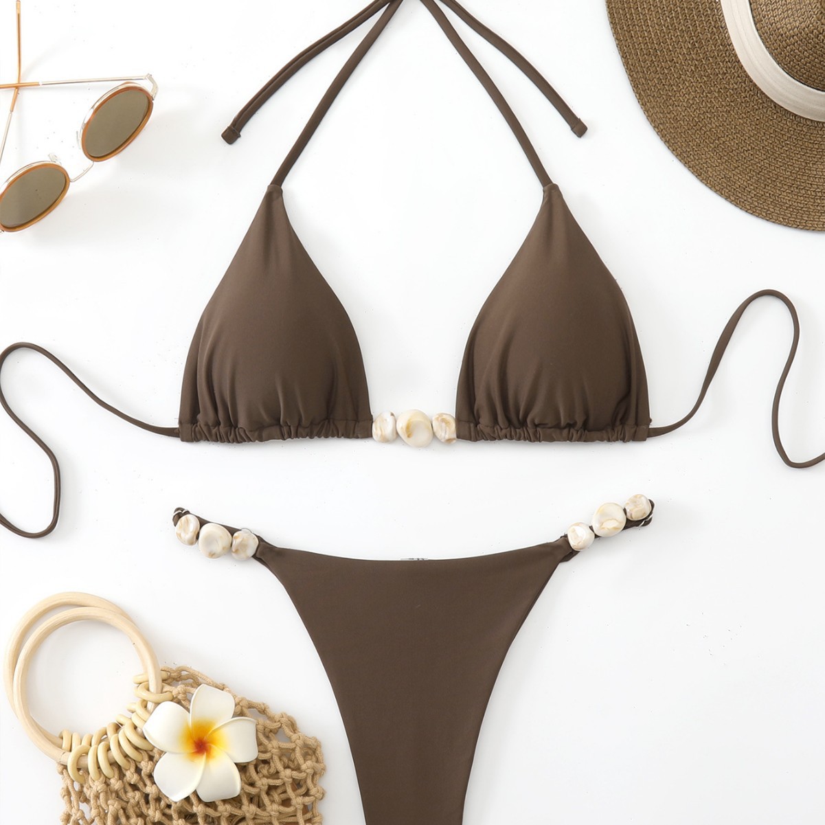 Qattiq rangli Instagram uslubidagi bikini mayo, shahvoniy galstuk taqish uchun halter bo'yinli plyaj ta'til bikini bilan