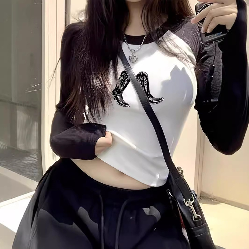 Cross-border Amazon Hot Sale Women's Round Neck Color-matching Slim-fit Long-sleeved T-shirt American Sweet and Spicy Raglan Sleeve Short Top