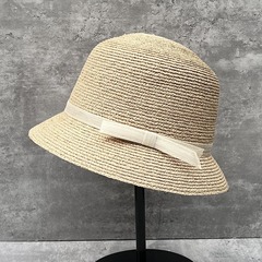 輕奢短檐絲麻蝴蝶結拉菲草帽子女夏漁夫帽赫本風復古遮陽防曬盆帽