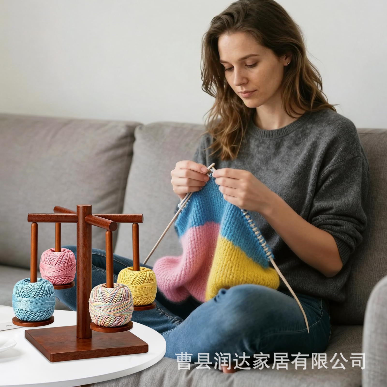 Wooden Yarn Spool Rack Handmade DIY Multi-Spindle Yarn Magnetic Absorption Rack Desktop Yarn Holder Yarn Storage Rack