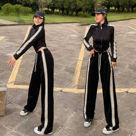 8855#拉链修身百搭时尚外套 8855#黑白条边长裤 黑色套装49/49