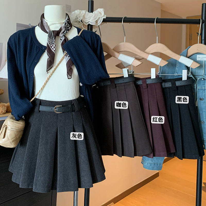 美拉德复古毛呢半身裙女秋季2025新款高腰显瘦百褶裙百搭A字短裙