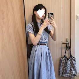 2025新款法式高级感蓝色条纹衬衫连衣裙子女夏季气质收腰polo长裙