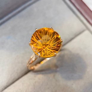 Fubei Diamond Jewelry 18K Gold Inlaid with Golden Citrine Ring, Crystal Good Total Weight 2.77 Grams, Fireworks Cut