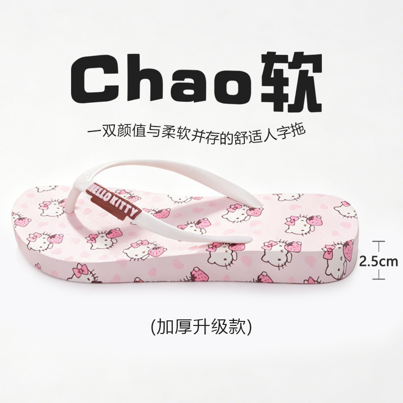 Sanrio Hellokitty Summer Outdoor High-Heeled Flip-Flops Women's Thick-Heeled Sandals Outdoor Beach Slippers
