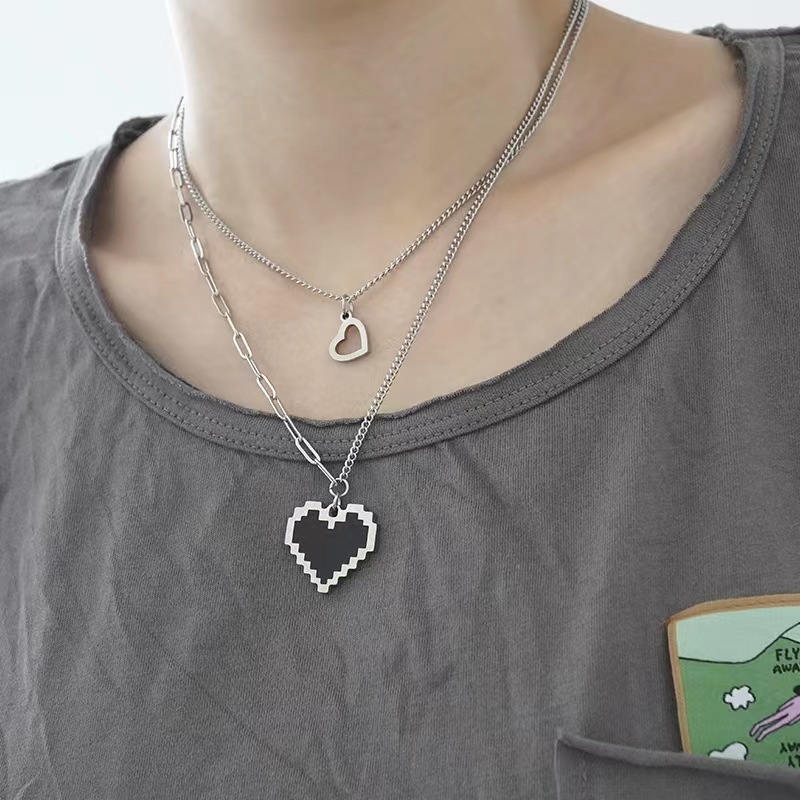 Double Layer Heart Necklace In Titanium Steel For Women Versatile_voghion.com