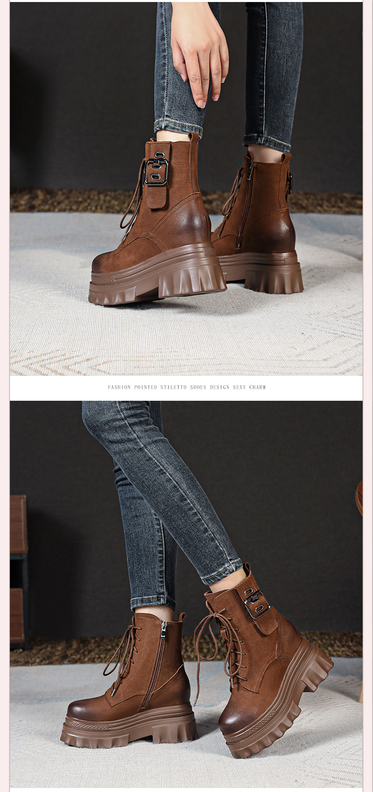 Boot nữ cổ thấp phong cách Anh quốc cổ điển, khóa kéo bên hông, đế dày 10 cm tăng chiều cao — Lót nhung đen chi tiết 4