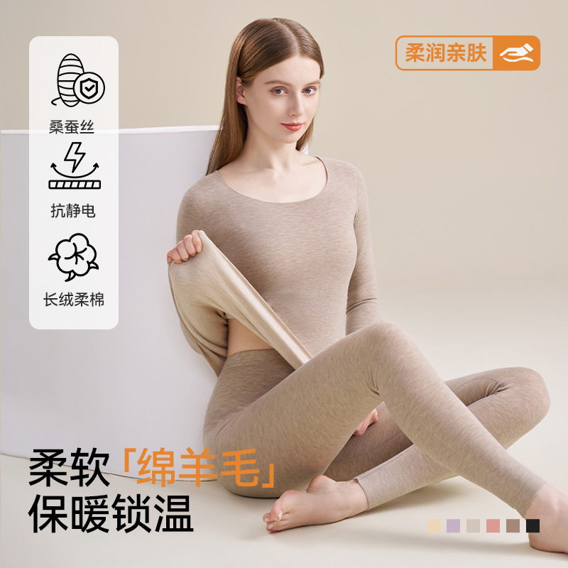 Wool Silk Thermal Self-Heating Thermal Underwear Women Winter Fleece Thick Seamless Base Layer Top Autumn Clothes and Pants Set