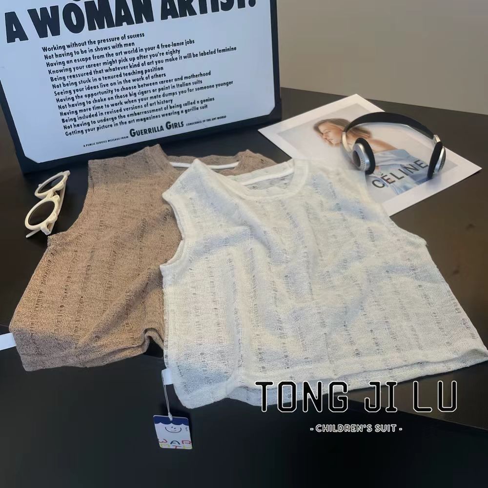 Children's Summer Round Neck Loose Cut Out Waistcoat Vest for Boys Versatile Pure Color Cut Out Sleeveless Top for Boys