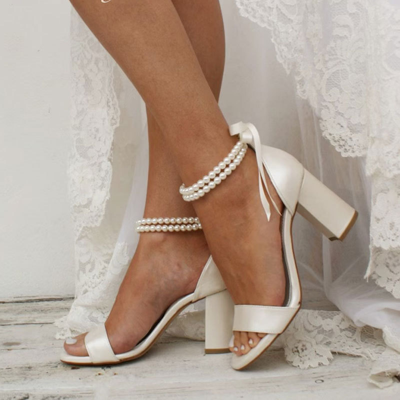 plus size High Heel Sandals Women's Open Toe Sexy White Ribbon Bow Beaded Pearl Women's Shoes Classic Fashion Wedding Shoes