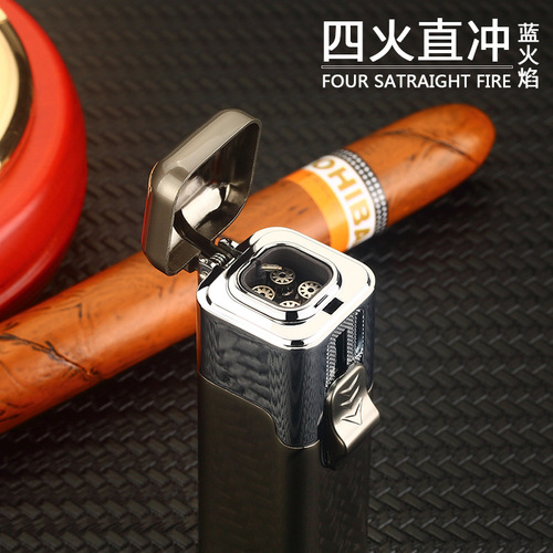 HL1005 powerful four-fire direct blue flame inflatable lighter men's metal cigar windproof gas lighter