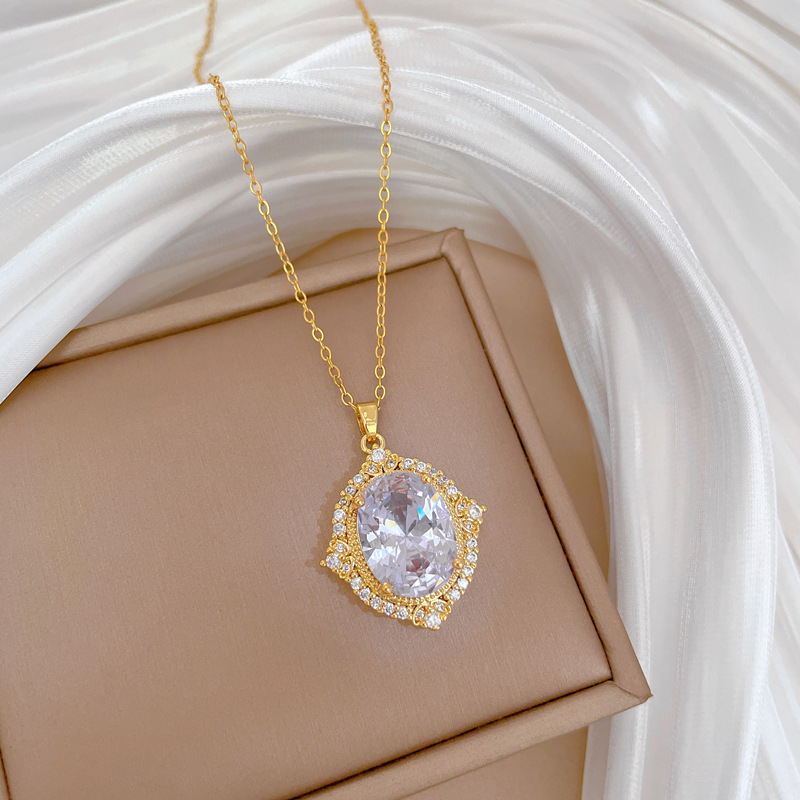 【 Titanium Steel 】 Necklace and earring set, light luxury heavy Industry, Oval Full diamond, personalized and elegant banquet earrings and necklaces pic 14