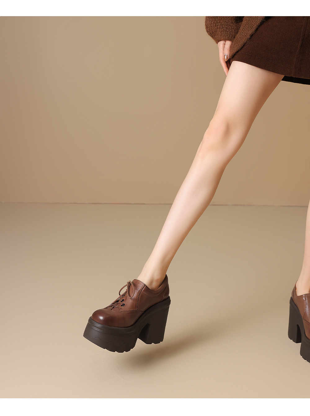 Giày cao gót nữ da thật phong cách Anh quốc cổ điển gót vuông 12 cm đế platform — màu nâu chi tiết 4