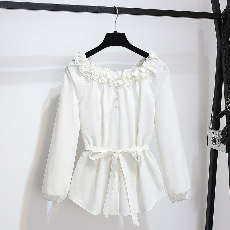 White Off-The-Shoulder Lace Long-Sleeve Blouse for Women, 2026 Spring New Style, Waist-Cinching Design, Unique Top White Off-The-Shoulder Lace Long-Sleeve Blouse for Women, 2026 Spring New Style, Waist-Cinching Design, Unique Top