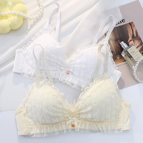White Triangle Cup Bra for Women, Small Cup, Push-Up, Student, High School Girl, Lace Bra, No Wire, Summer, Thin Model