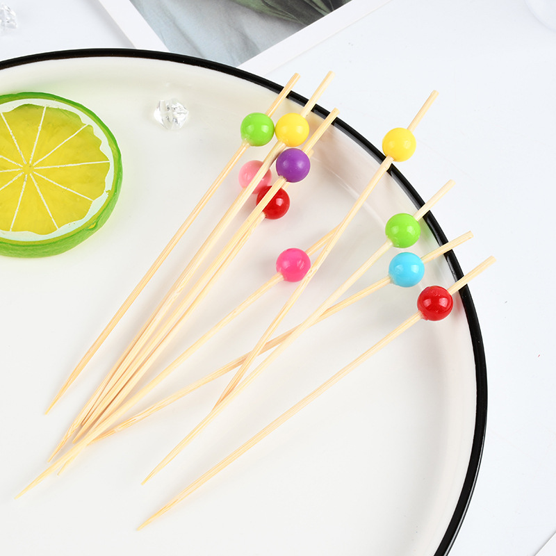 Fruit stick desechable colorido perlas bocadillos Fruit stick dibujos animados palillos de dientes limpios de una sola cabeza Fruit stick bambú
