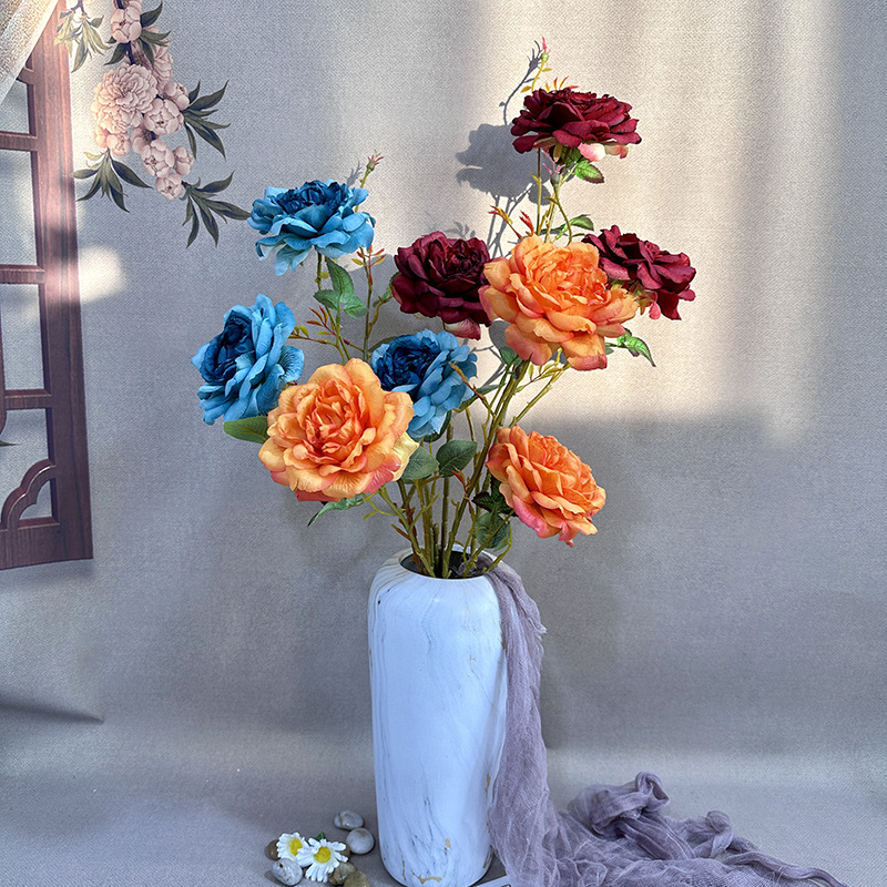 Transfrontalière nouvelle artificielle 3 têtes Britannique rose fleur artificielle maison BRICOLAGE arrangement de fleurs décoration tissu enduit fleur de soie en gros