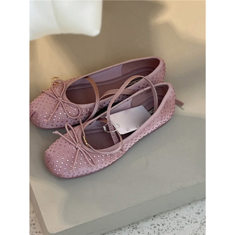 Rhinestone Fairy Pink Ballet Flats 2025 Summer New Round Toe Cross Mary Jane Shoes Shallow Mouth Shoes