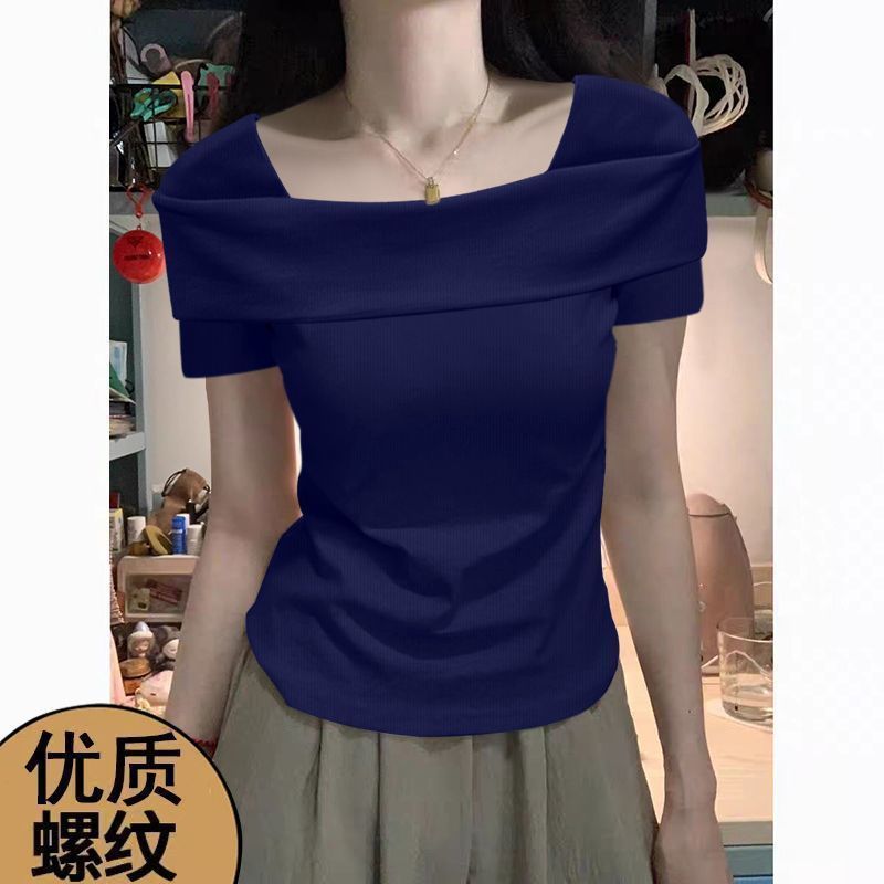 シンプル通勤無地レギュラーワンショルダー半袖トップスボトリングシャツ韓国風カジュアルカバー肉Tシャツレディース|undefined