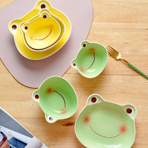 Japanese and Korean cartoon cute frog color glaze ceramic bowl and plate set with handle salad instant noodle bowl household children's rice bowl